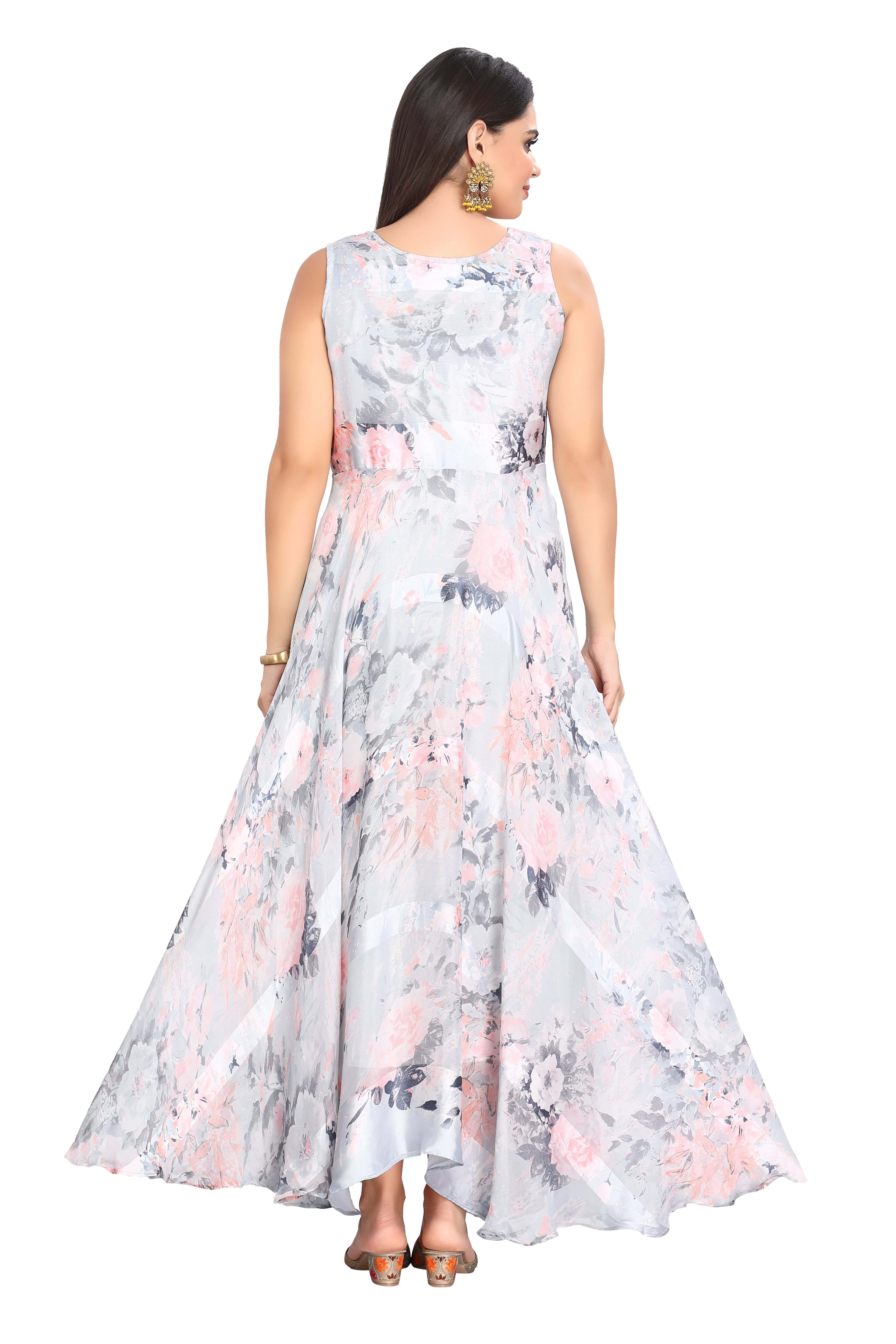Light Grey Abstract Floral Print Kurti with Embroidered Yoke
