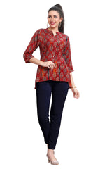 Maroon Ajrak Print Short Kurti with Gold Foil Detailing