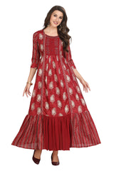 Maroon Linen Full-Length Designer Kurti with Paisley Fusion Print