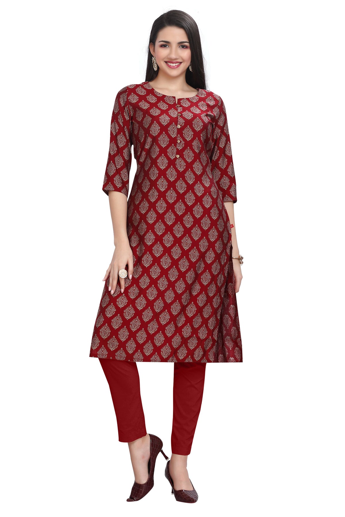 Maroon Muslin Block Print Kurti with Foil Highlighting