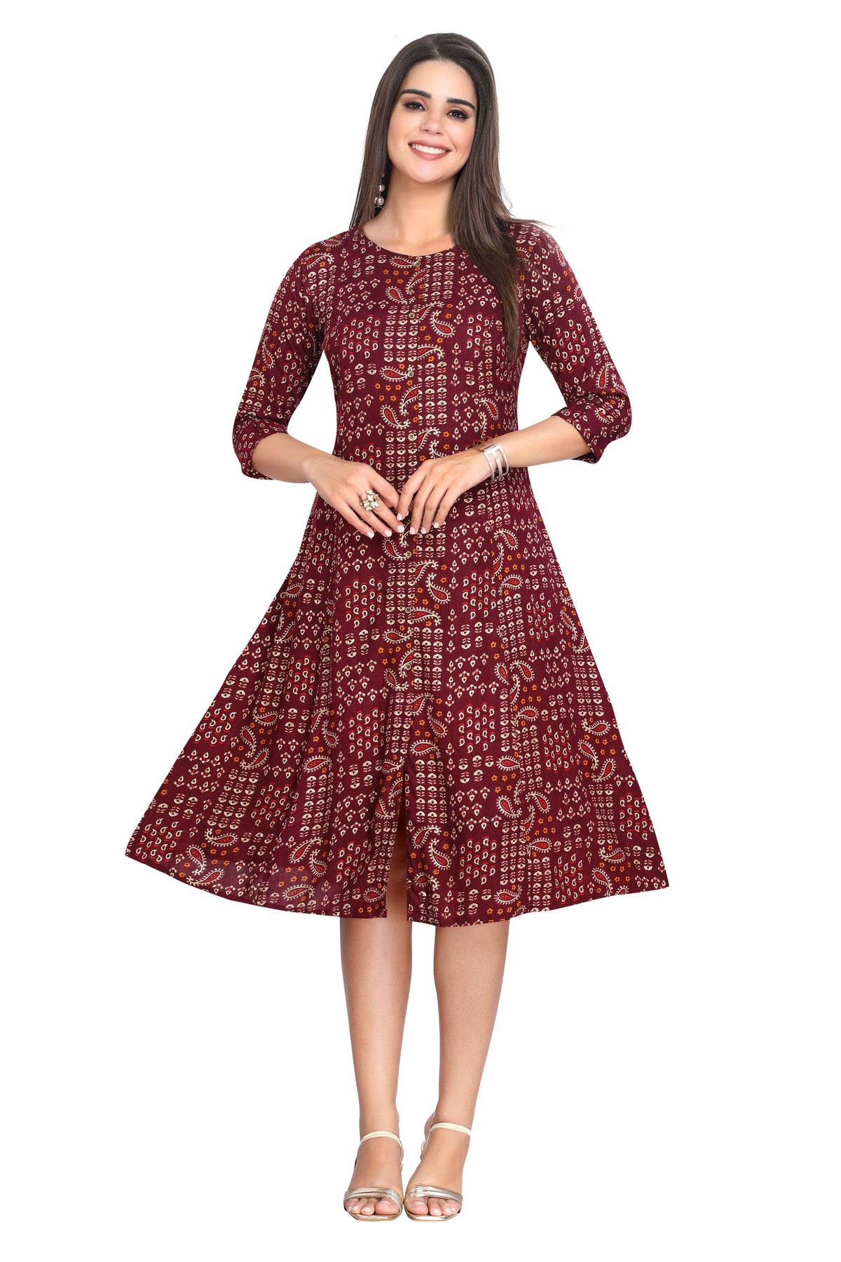 Maroon Princess cut Knee Length Paisley Print Kurti for women