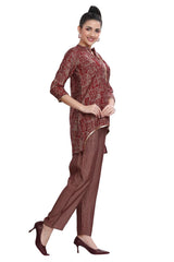 Maroon Silk Collar neck paisley print Kurta with pant