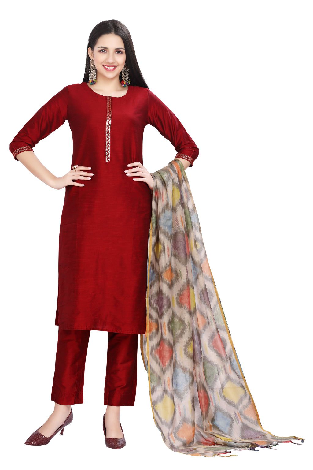 Maroon Silk Kurta set for women with Embroidered Button band