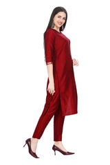 Maroon Silk Kurta set for women with Embroidered Button band