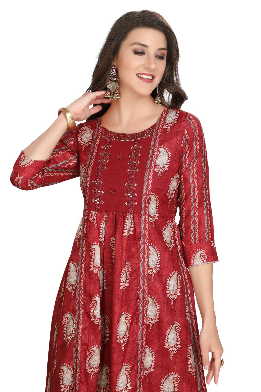 Maroon Linen Full-Length Designer Kurti with Paisley Fusion Print