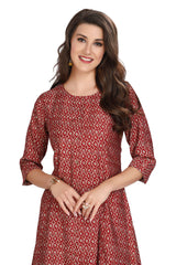 Maroon Silk Kurti for Women: A-Line with Ikkat Print & Gold Highlighting