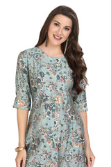 Metallic Grey Silk Kurti for Women: A-Line with Multicoloured Floral Print