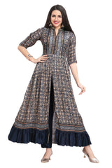 Mirror Work Frock Style Kurta Set With A Peplum Border And A Straight Pant