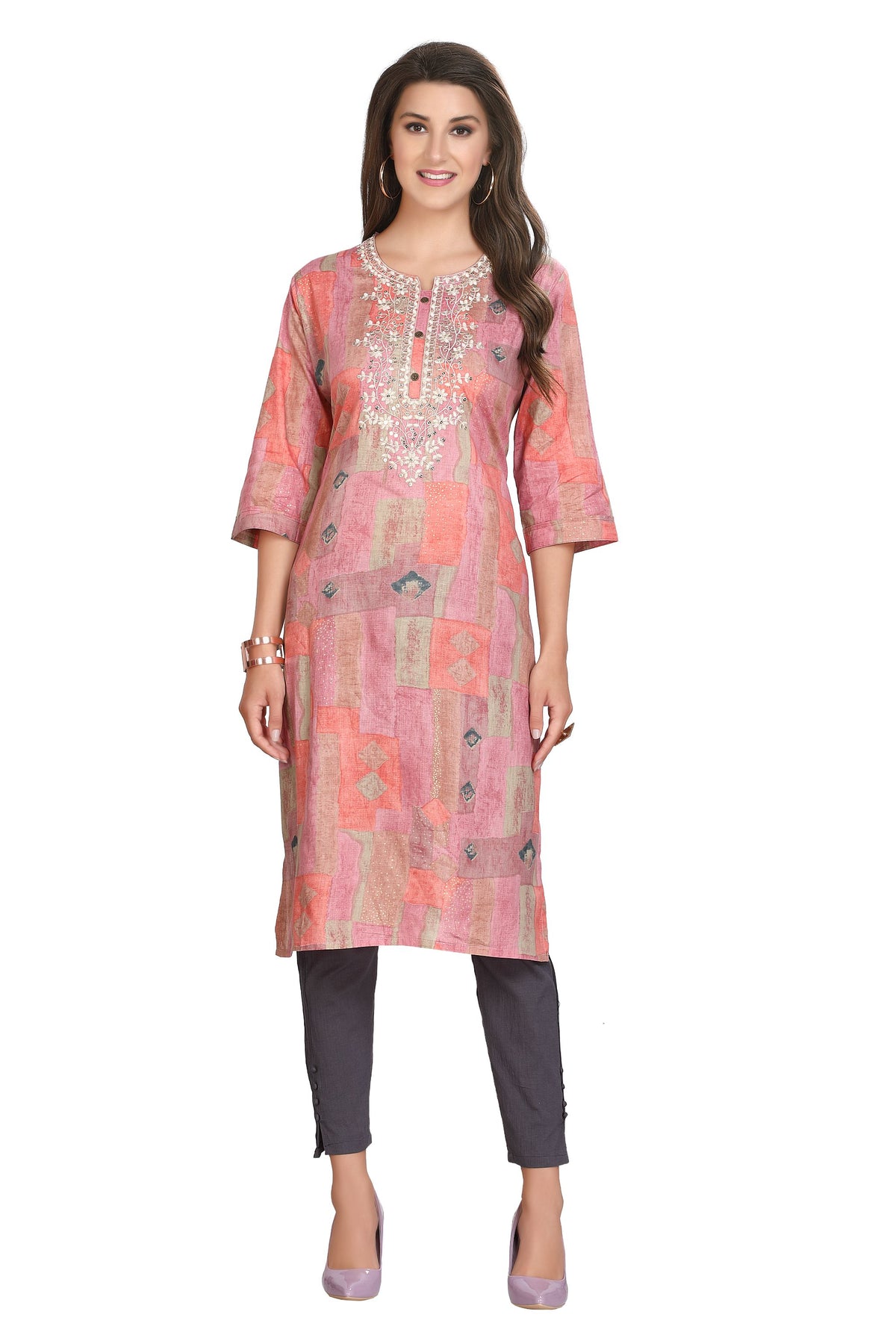 Multi Color Cotton Kurti for Women: Straight Cut with Embroidered Neckline