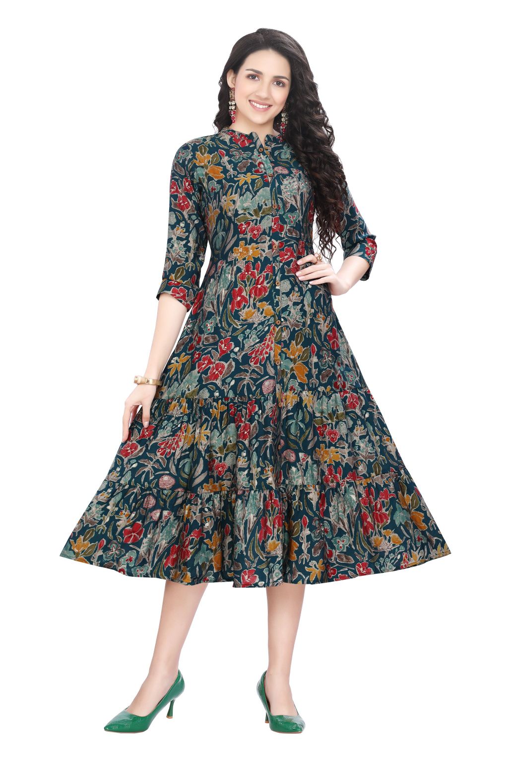 Multi-tiered Floral Print A-Line Kurta with front slit