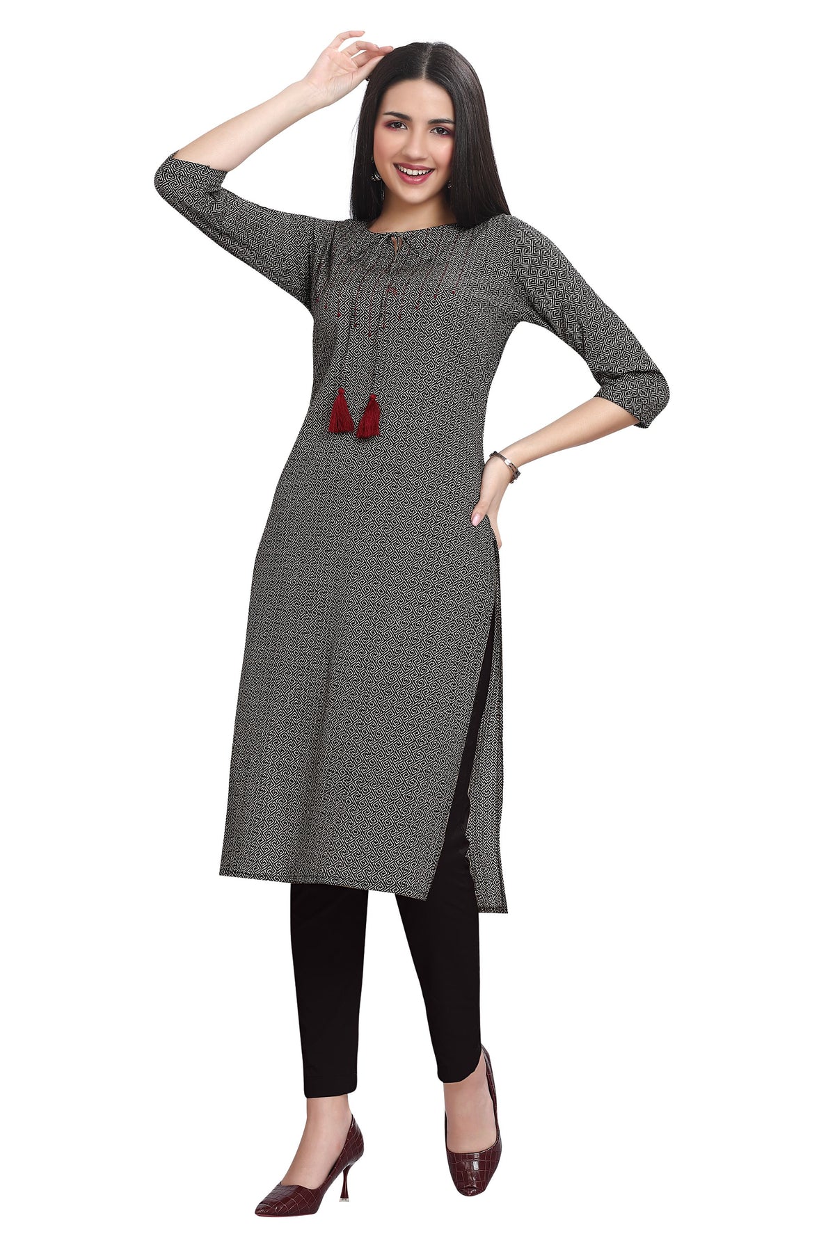 Black Printed Pintuck Kurti with kaatha work