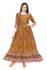 Mustard Muslin Kurti for Women in Ethnic Print with Crochet Embroidery