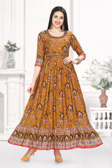 Mustard Muslin Kurti for Women in Ethnic Print with Crochet Embroidery