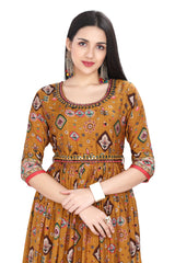 Mustard Muslin Kurti for Women in Ethnic Print with Crochet Embroidery