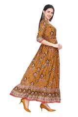 Mustard Muslin Kurti for Women in Ethnic Print with Crochet Embroidery