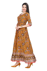 Mustard Muslin Kurti for Women in Ethnic Print with Crochet Embroidery