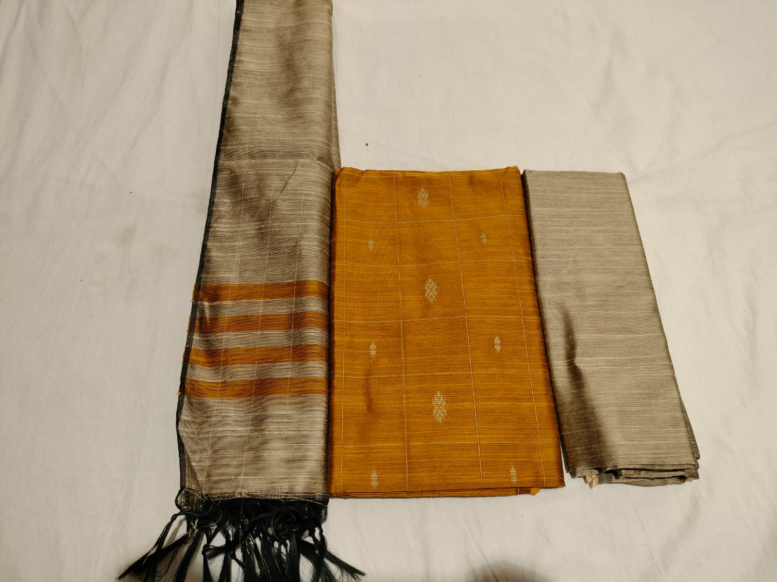 Mustard & Grey South Indian Art Silk Suit 3 Dress Material Set