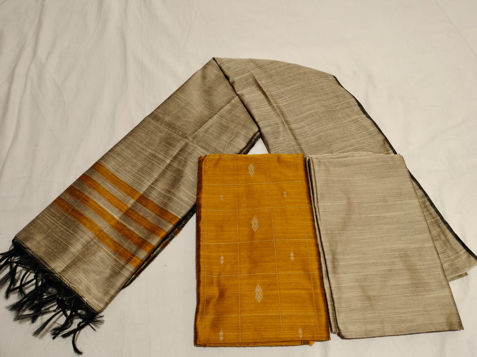 Mustard & Grey South Indian Art Silk Suit 3 Dress Material Set