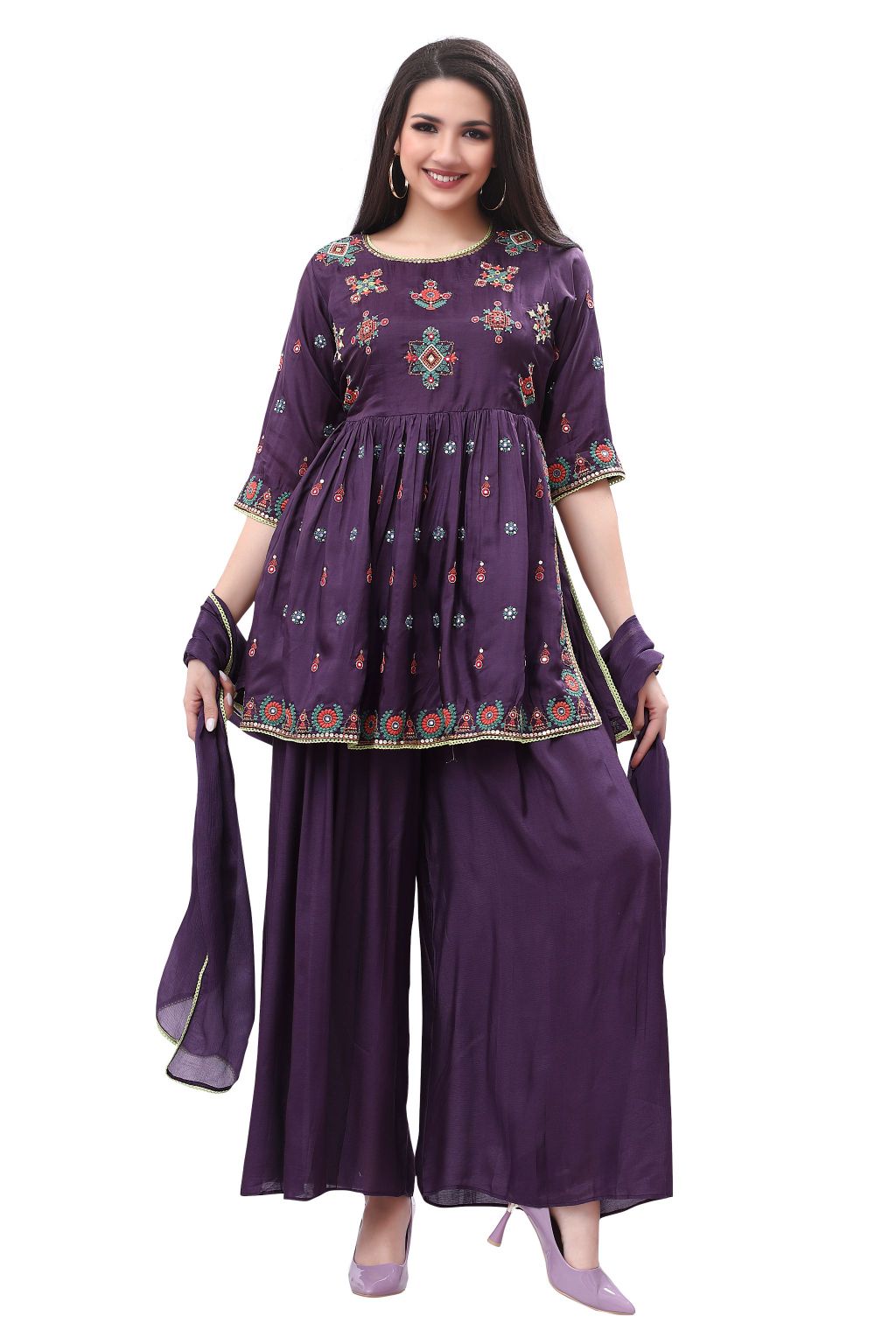 Nyra Cut Embroidered Kurta for Women with Palazzo and Dupatta