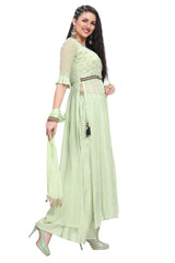 Nyra Cut Light Green Georgette Foil Print Multi Tiered Kurti Set with Palazzo