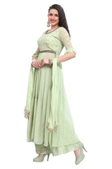 Nyra Cut Light Green Georgette Foil Print Multi Tiered Kurti Set with Palazzo