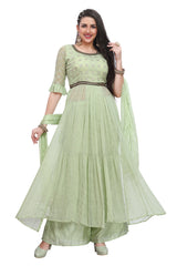 Nyra Cut Light Green Georgette Foil Print Multi Tiered Kurti Set with Palazzo