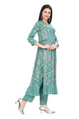 Green Nyra cut Kurta Set for Women with Mirror Work and Chiffon Dupatta