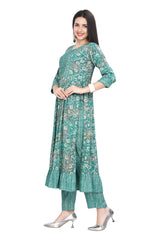 Green Nyra cut Kurta Set for Women with Mirror Work and Chiffon Dupatta