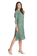 Olive Green Multi Colour Floral Print Kurti for Women with Mandarin Collar