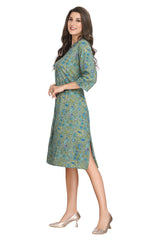 Olive Green Multi Colour Floral Print Kurti for Women with Mandarin Collar