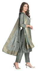 Olive Green Silk Kurta Set with Hand Embroidery and Crochet