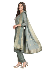 Olive Green Silk Kurta Set with Hand Embroidery and Crochet