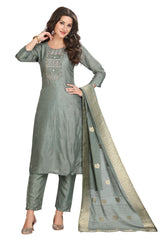 Olive Green Silk Kurta Set with Hand Embroidery and Crochet