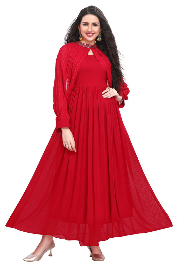 one piece frock dress Rani Pink Georgette Frock Dress with Handworked Choker Neckline and Belt M / Pink