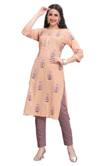 Orange Abstract Print Straight Cut Cotton Kurti with Zari work