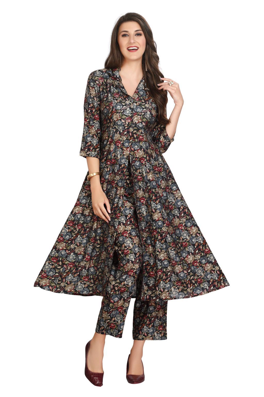 Multi-Color Floral Print Muslin Co-ord Set with Front Slit and Collar