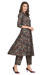 Multi-Color Floral Print Muslin Co-ord Set with Front Slit and Collar