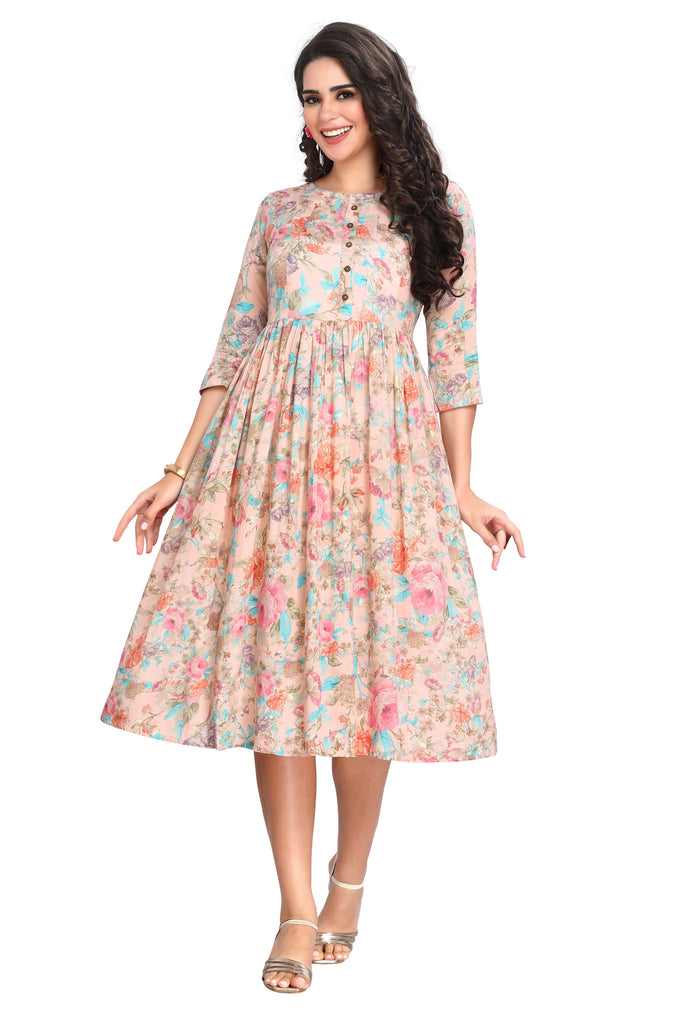 Peach Floral Print Cotton Frock Style Kurti for Women with Foil Highlighting