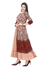 Peach Modal Frock Style Kurti with Floral Kalamkari Print Designer Jacket