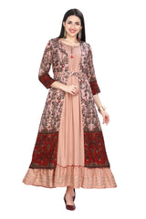 Peach Modal Frock Style Kurti with Floral Kalamkari Print Designer Jacket