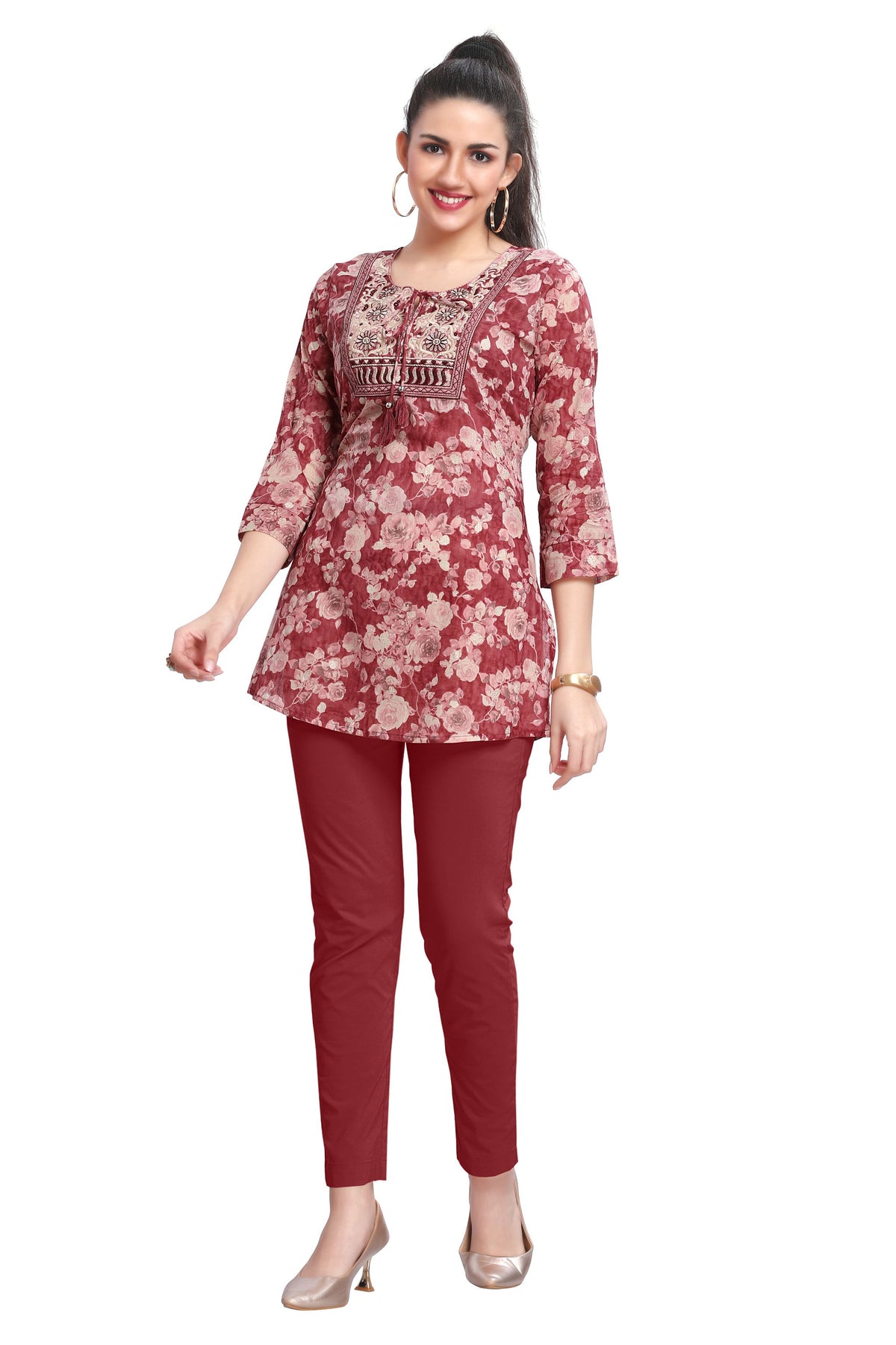 Peach Short Kurti with Floral Embroidery