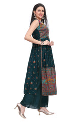 Peacock Green Nyra Cut daaman Design Kurta Set with Silk Palazzo and Dupatta