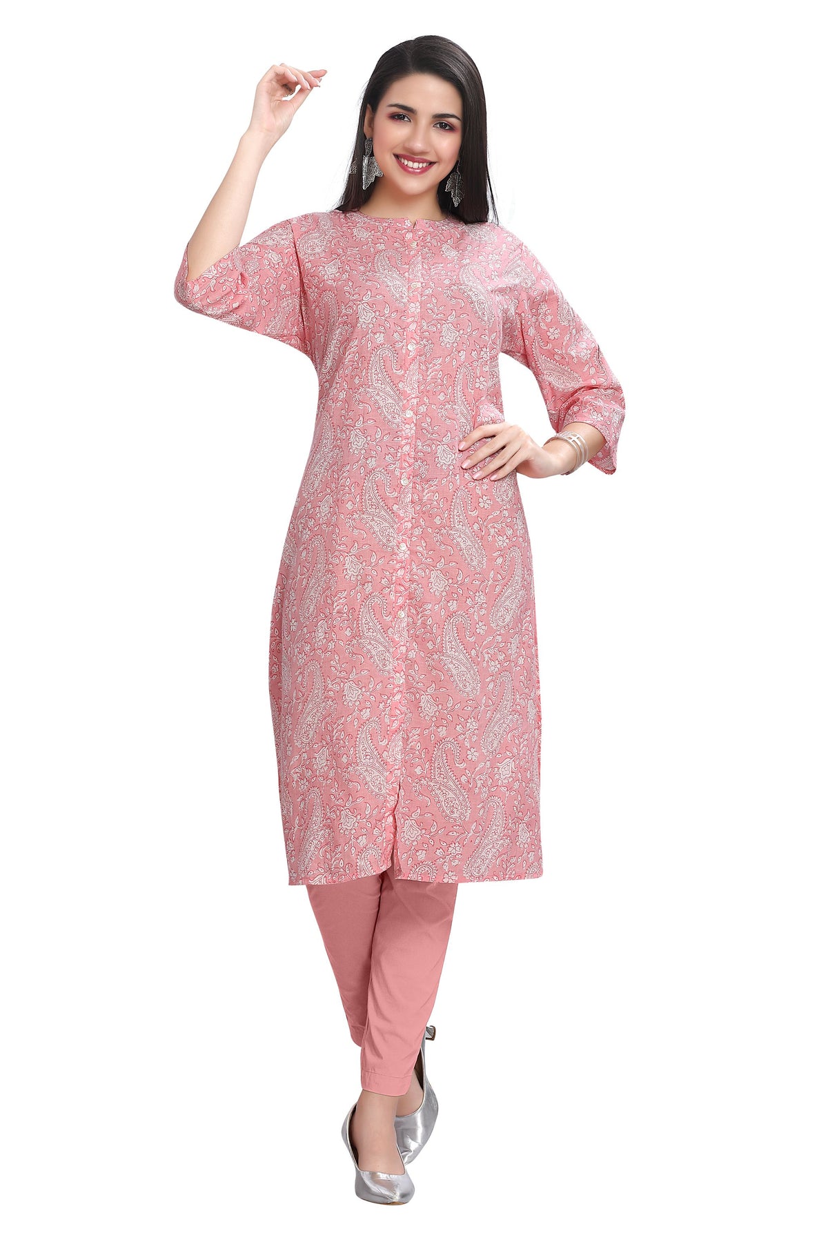 Pink Cotton Buti Print Knee Length Kurti for women