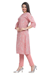 Pink Cotton Buti Print Knee Length Kurti for women