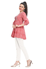 Pink Cotton Frock Style Short Kurti with Geometrical Print