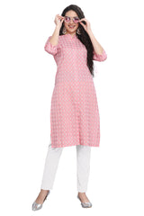 Pink Cotton Knee Length Block Print Kurti for women