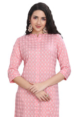 Pink Cotton Knee Length Block Print Kurti for women