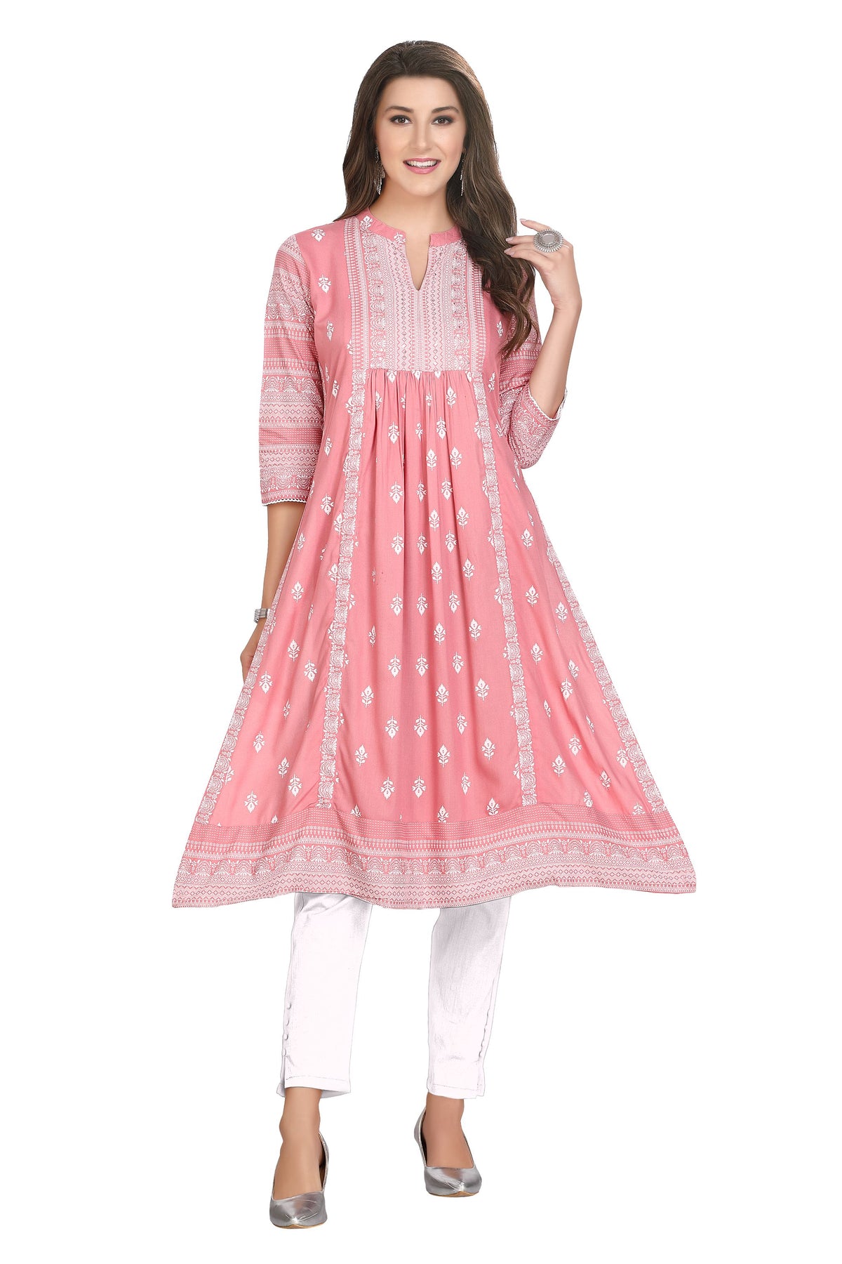 Pink Cotton Knee Length Nyra Cut Kurti with Laced 3/4th Sleeves and Mandarin Collar