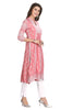 Pink Cotton Knee Length Nyra Cut Kurti with Laced 3/4th Sleeves and Mandarin Collar