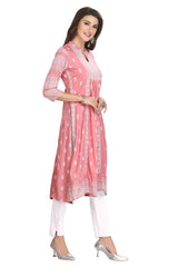 Pink Cotton Knee Length Nyra Cut Kurti with Laced 3/4th Sleeves and Mandarin Collar